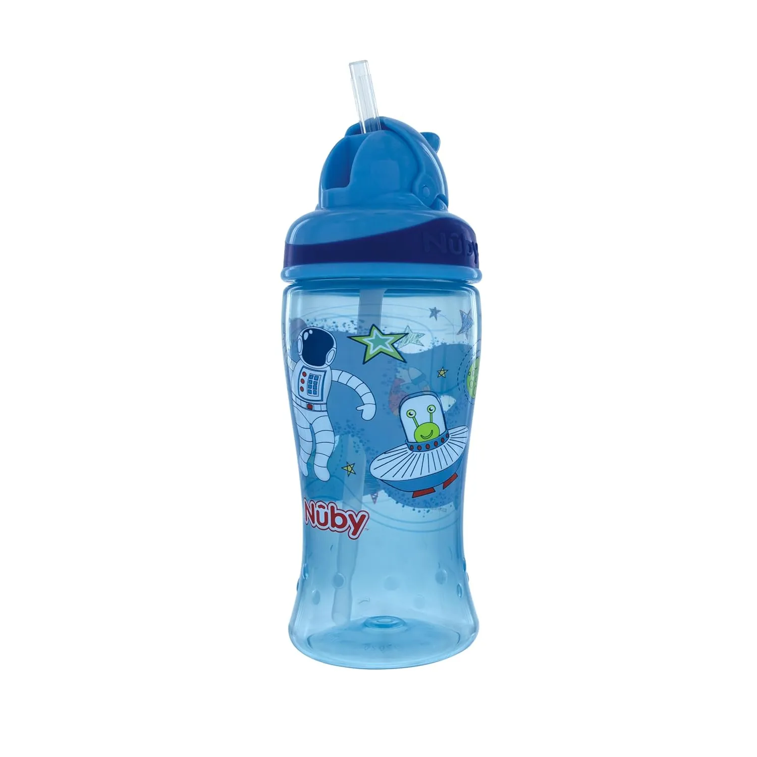 Nuby 2-Pack Thirsty Kids No-Spill Flip-it Printed Boost Cup with Thin Soft Straw - 12oz, 18  Months, 2-Pack, Blue Astronaut & Aqua Mountain