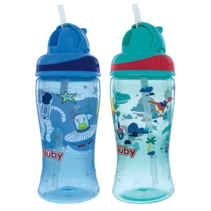 Nuby 2-Pack Thirsty Kids No-Spill Flip-it Printed Boost Cup with Thin Soft Straw - 12oz, 18  Months, 2-Pack, Blue Astronaut & Aqua Mountain