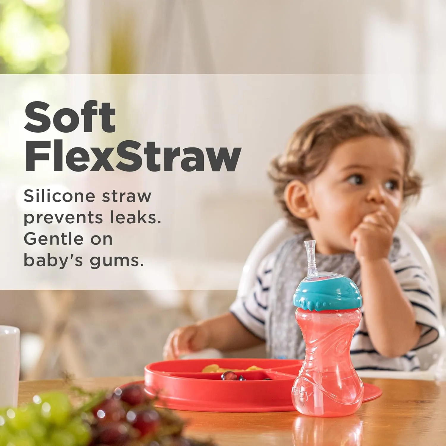 Nuby 3 Piece No-Spill Easy Grip Cup with Flex Straw, Clik It Lock Feature, Boy, 10 Ounce