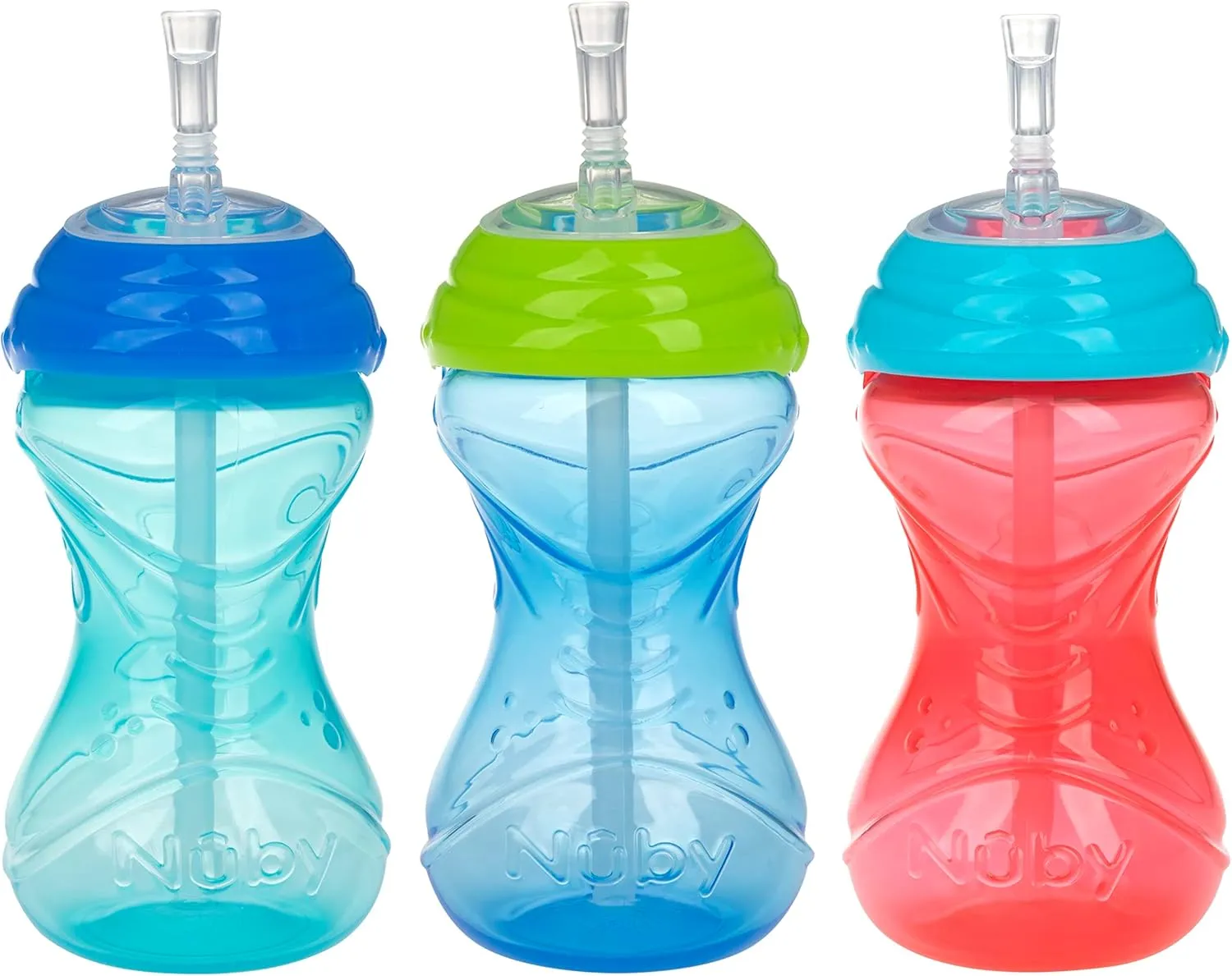 Nuby 3 Piece No-Spill Easy Grip Cup with Flex Straw, Clik It Lock Feature, Boy, 10 Ounce