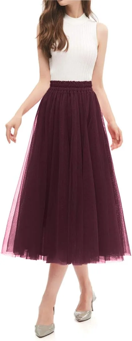 OBBUE Women's A Line Tulle Party Evening Tutu Skirts Tea Length