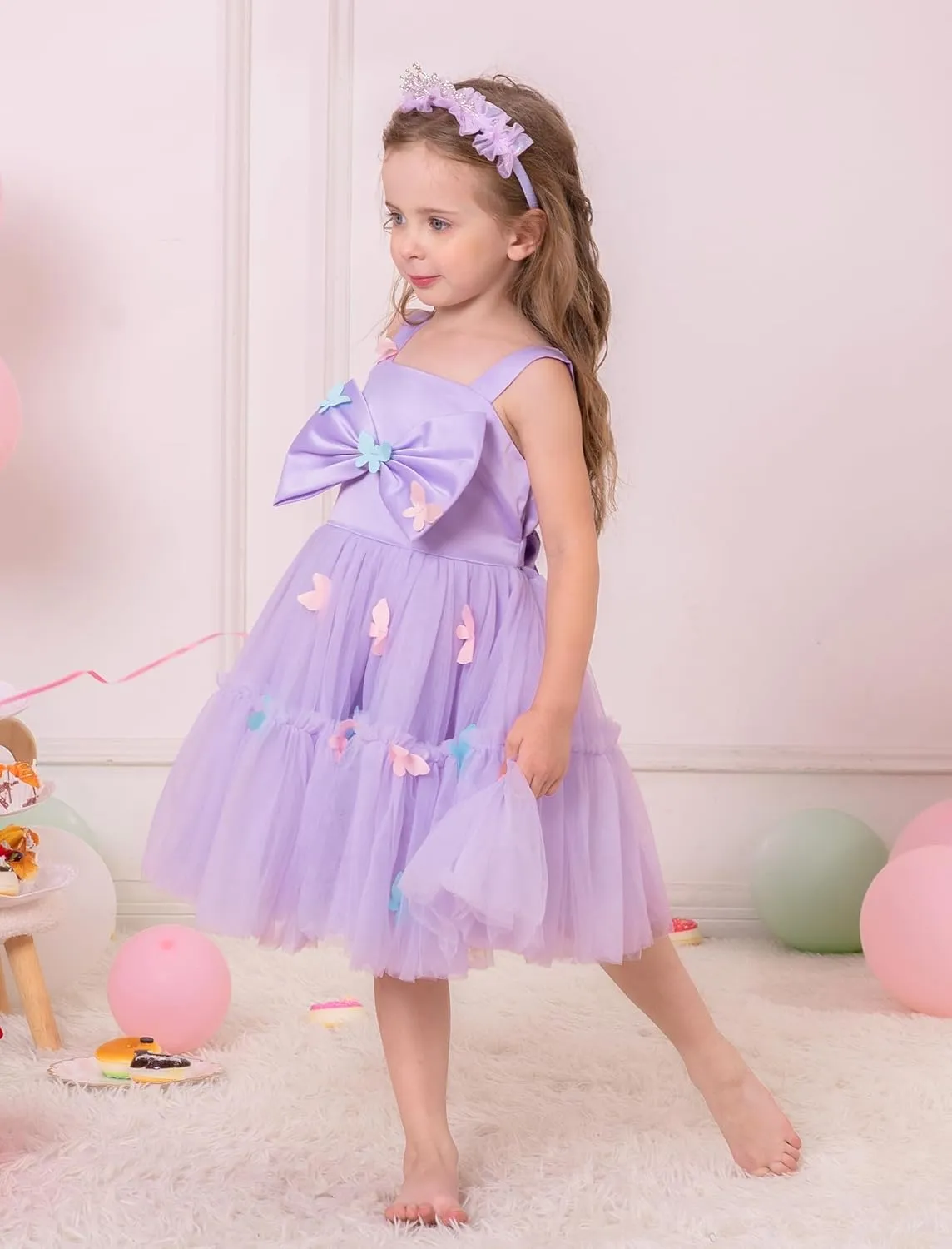 OBEEII Toddler Baby Girl Birthday Dress Sleeveless Satin Bowknot Butterfly Strawberry Tulle Dress Flower Girl Pageant Dress