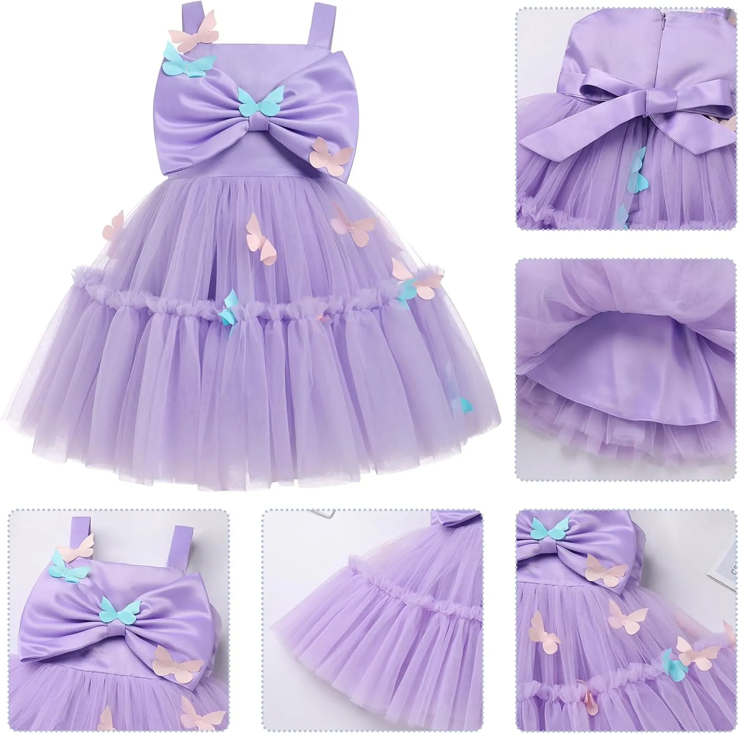 OBEEII Toddler Baby Girl Birthday Dress Sleeveless Satin Bowknot Butterfly Strawberry Tulle Dress Flower Girl Pageant Dress