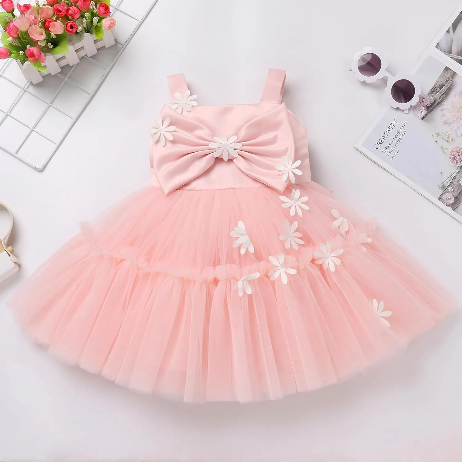 OBEEII Toddler Baby Girl Birthday Dress Sleeveless Satin Bowknot Butterfly Strawberry Tulle Dress Flower Girl Pageant Dress
