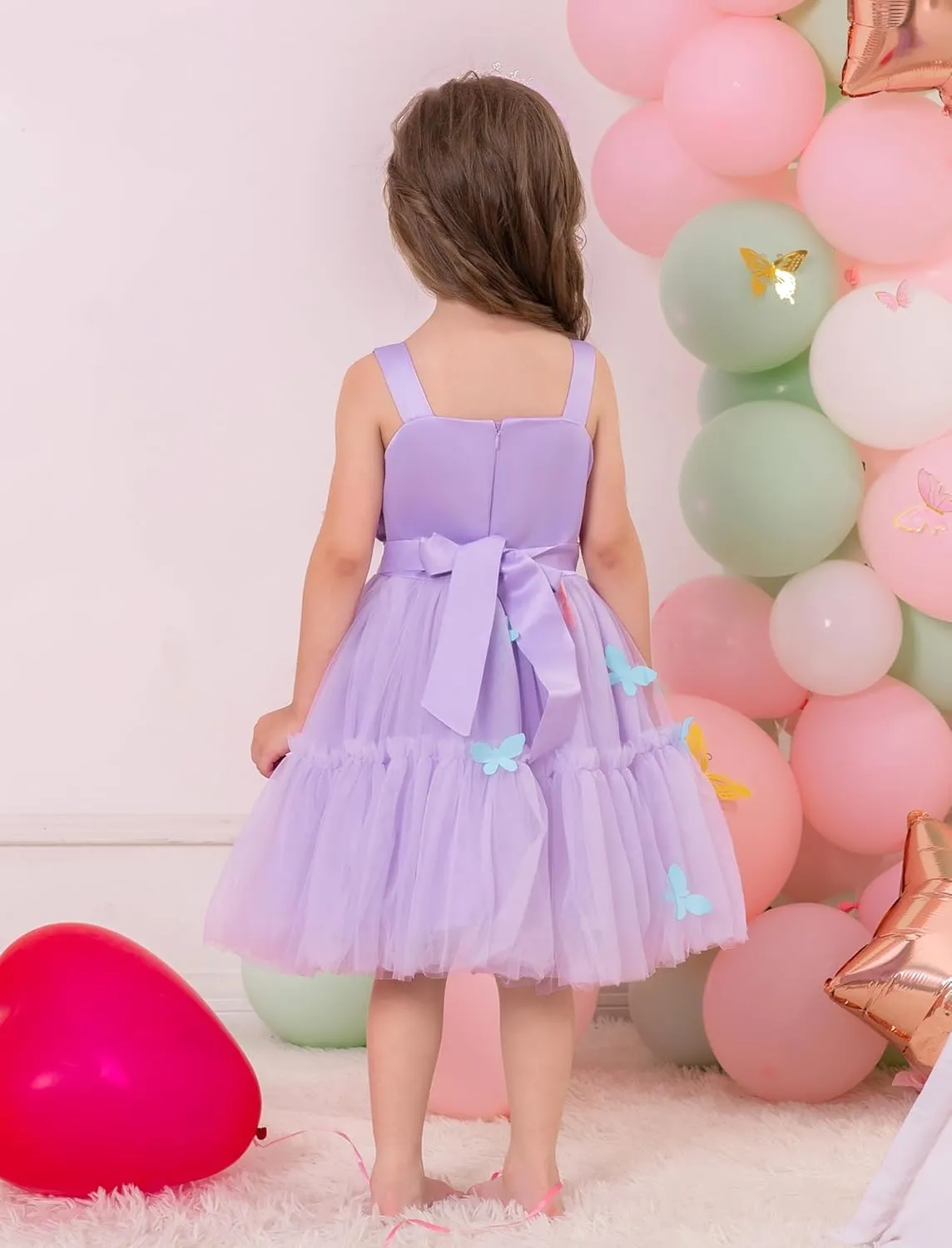 OBEEII Toddler Baby Girl Birthday Dress Sleeveless Satin Bowknot Butterfly Strawberry Tulle Dress Flower Girl Pageant Dress