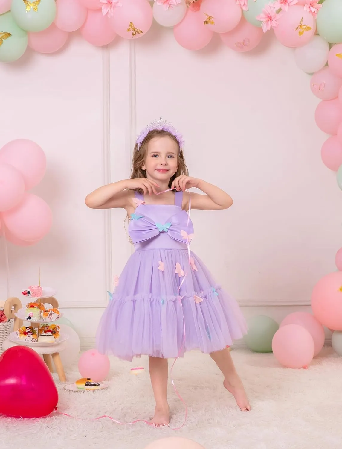 OBEEII Toddler Baby Girl Birthday Dress Sleeveless Satin Bowknot Butterfly Strawberry Tulle Dress Flower Girl Pageant Dress