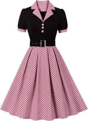 ODIZLI Women's 1950s Retro Dress Short Sleeve Notched Lapel Polka Dot Stripe Swing Dress with Belt Cocktail Dress
