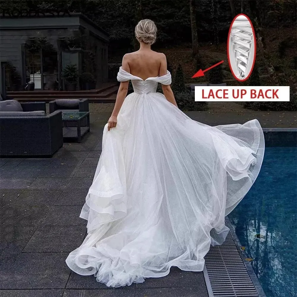 Off Shoulder Lace Applique Wedding Dress for Bride Strapless A-Line Satin Pleated Tulle Bridal Ball Gown with Corset