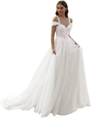 Off Shoulder Lace Applique Wedding Dress for Bride Strapless A-Line Satin Pleated Tulle Bridal Ball Gown with Corset