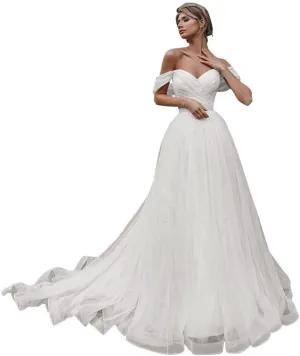 Off Shoulder Lace Applique Wedding Dress for Bride Strapless A-Line Satin Pleated Tulle Bridal Ball Gown with Corset