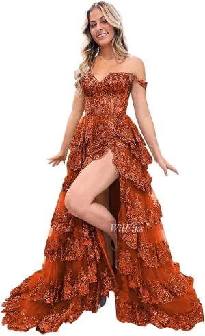 Off Shoulder Tiered Lace Prom Dresses 2025 Long Ball Gowns for Women Formal Sparkly Sequin Corset Evening Gown with Slit