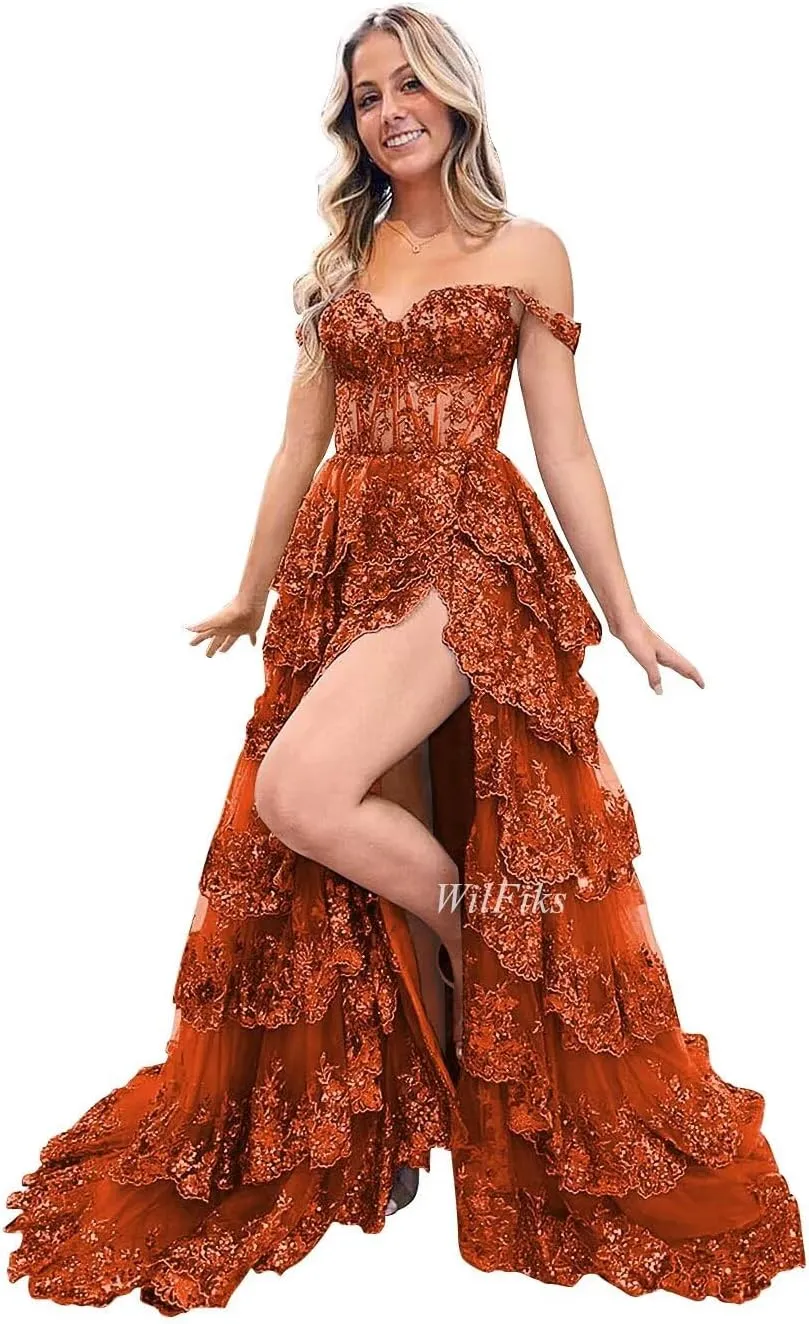 Off Shoulder Tiered Lace Prom Dresses 2025 Long Ball Gowns for Women Formal Sparkly Sequin Corset Evening Gown with Slit