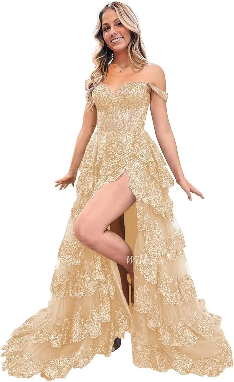 Off Shoulder Tiered Lace Prom Dresses 2025 Long Ball Gowns for Women Formal Sparkly Sequin Corset Evening Gown with Slit