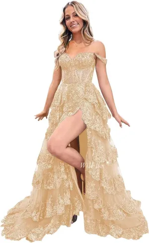 Off Shoulder Tiered Lace Prom Dresses 2025 Long Ball Gowns for Women Formal Sparkly Sequin Corset Evening Gown with Slit