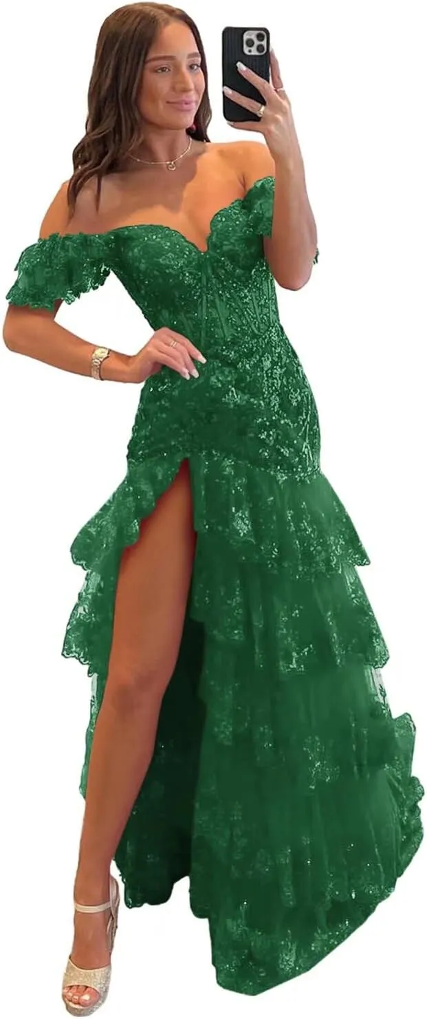 Off The Shoulder Lace Tulle Tiered Prom Dresses Long Sparkly Corset Formal Evening Party Gowns with Slit