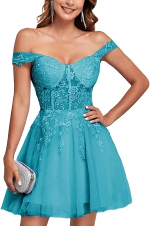 Off The Shoulder Tulle Homecoming Dresses for Teens Laces Applique Prom Dress Short Sparkly Cocktail Gowns