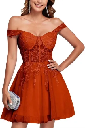 Off The Shoulder Tulle Homecoming Dresses for Teens Laces Applique Prom Dress Short Sparkly Cocktail Gowns