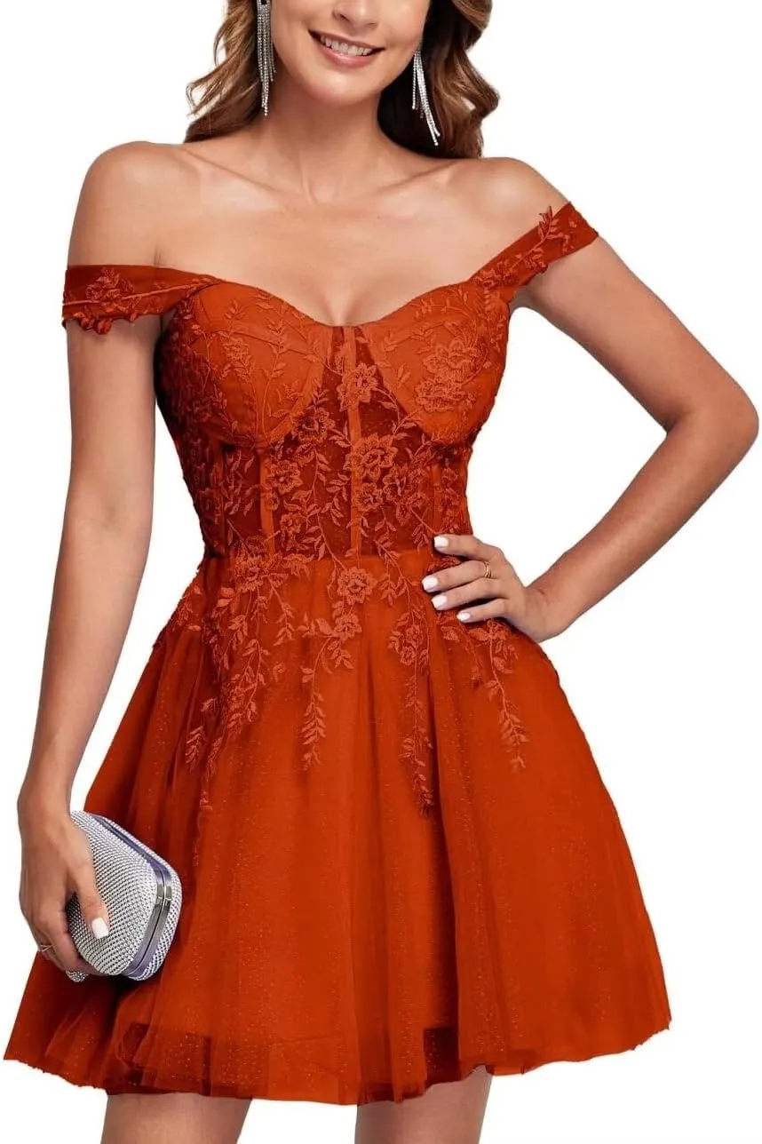 Off The Shoulder Tulle Homecoming Dresses for Teens Laces Applique Prom Dress Short Sparkly Cocktail Gowns