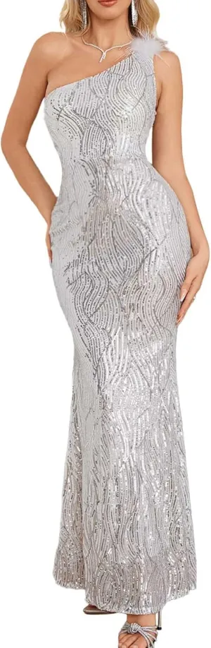 One Shoulder Formal Evening Gowns Sequin Mermaid Maxi Dress for Wedding Guest