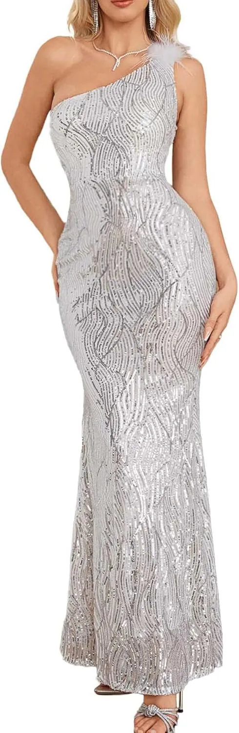 One Shoulder Formal Evening Gowns Sequin Mermaid Maxi Dress for Wedding Guest
