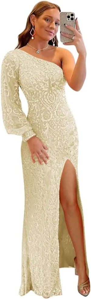 One Shoulder Prom Dresses for Women with Sleeve 2024 Sparkly Sequin Long Formal Evening Gown