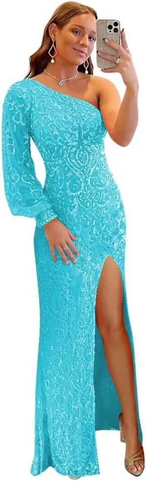 One Shoulder Prom Dresses for Women with Sleeve 2024 Sparkly Sequin Long Formal Evening Gown