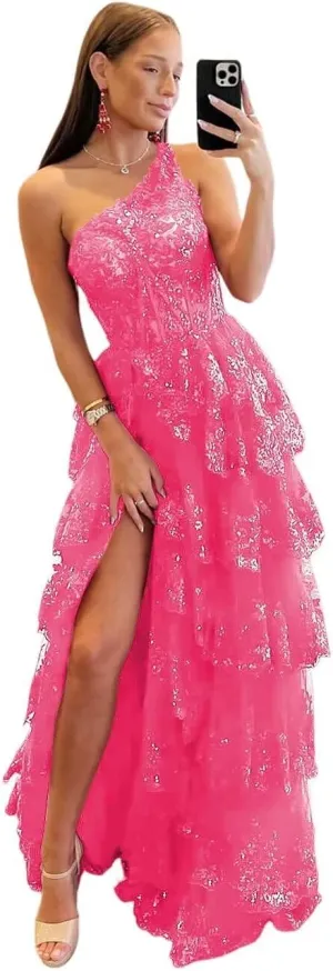 One Shoulder Sparkly Lace Tiered Tulle Prom Dresses Corset Long A Line Formal Evening Gown with Slit QA120