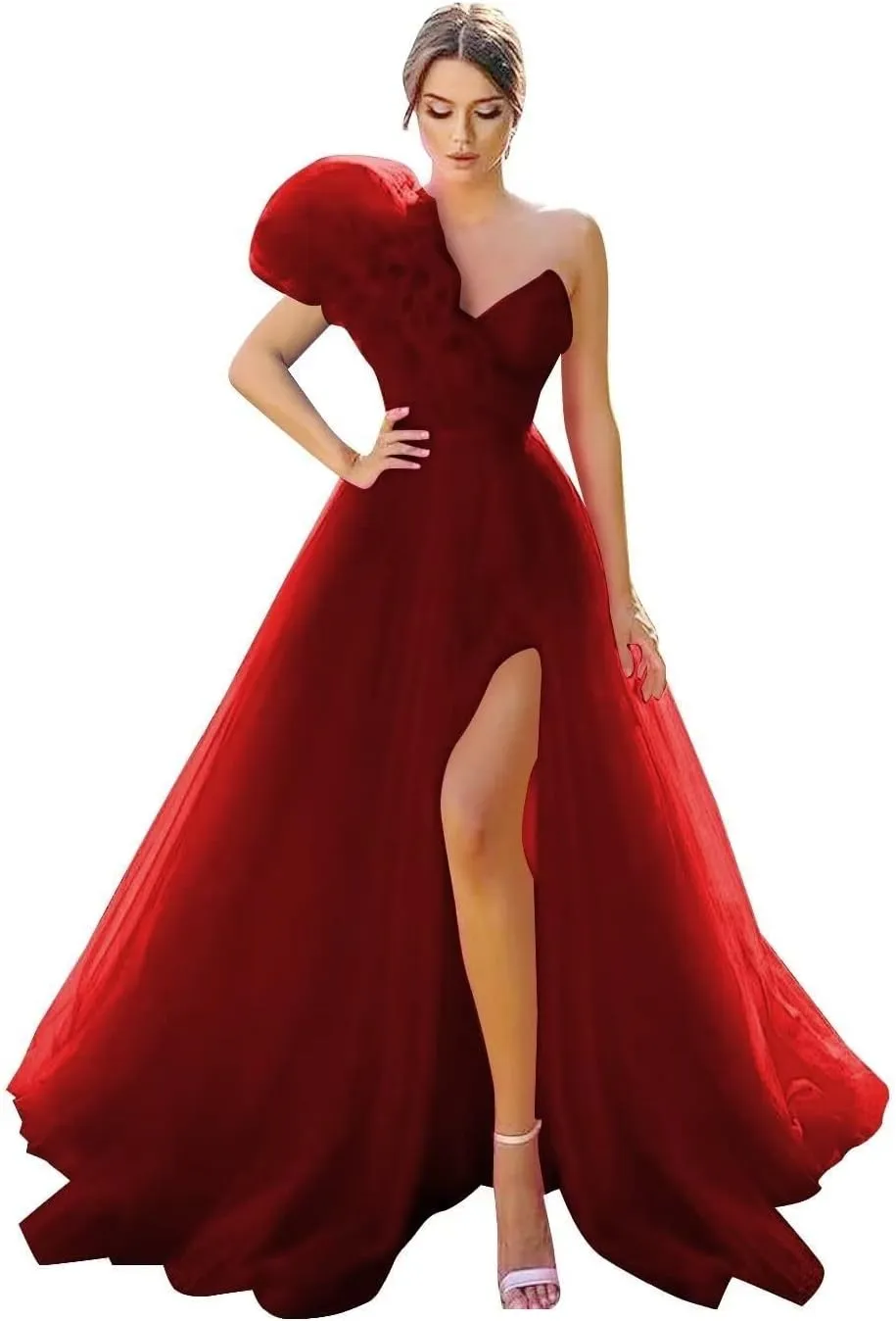 One Shoulder Tulle Prom Dresses Long Bridesmaid Dresses for Women Wedding Formal Evening Party Dress with Slit