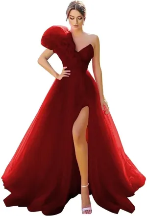One Shoulder Tulle Prom Dresses Long Bridesmaid Dresses for Women Wedding Formal Evening Party Dress with Slit