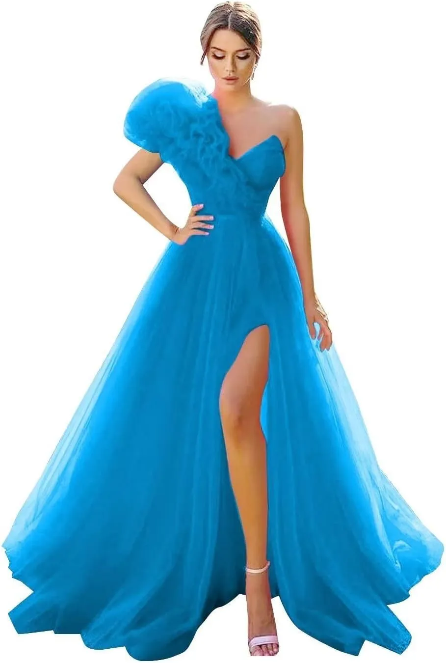 One Shoulder Tulle Prom Dresses Long Bridesmaid Dresses for Women Wedding Formal Evening Party Dress with Slit