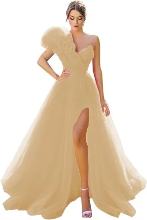 One Shoulder Tulle Prom Dresses Long Bridesmaid Dresses for Women Wedding Formal Evening Party Dress with Slit