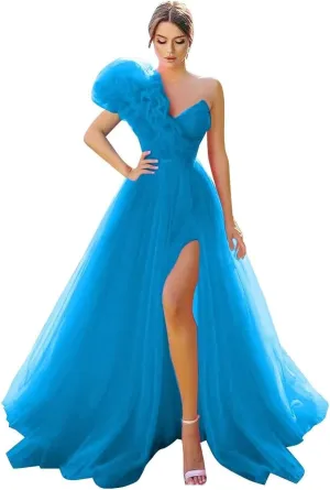 One Shoulder Tulle Prom Dresses Long Bridesmaid Dresses for Women Wedding Formal Evening Party Dress with Slit