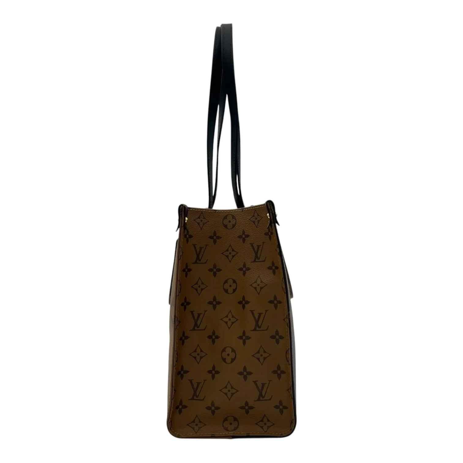 OnTheGo MM Brown Top Handle Bag in Coated Canvas, Gold hardware