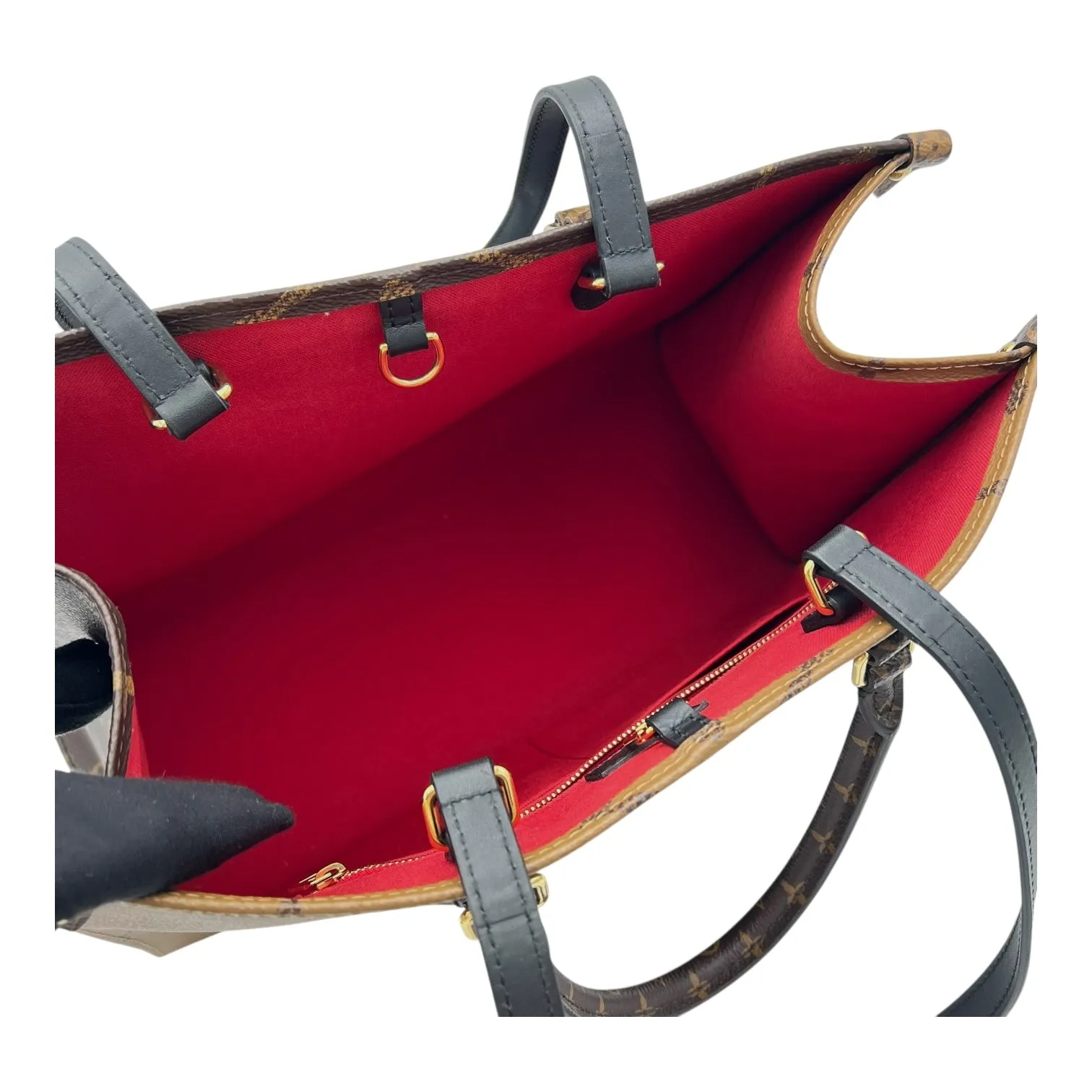 OnTheGo MM Brown Top Handle Bag in Coated Canvas, Gold hardware