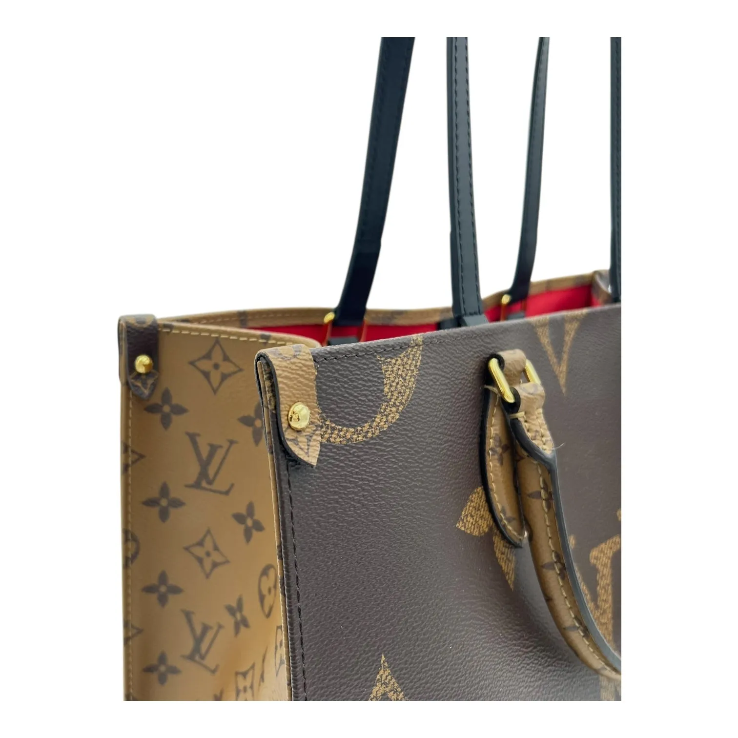 OnTheGo MM Brown Top Handle Bag in Coated Canvas, Gold hardware