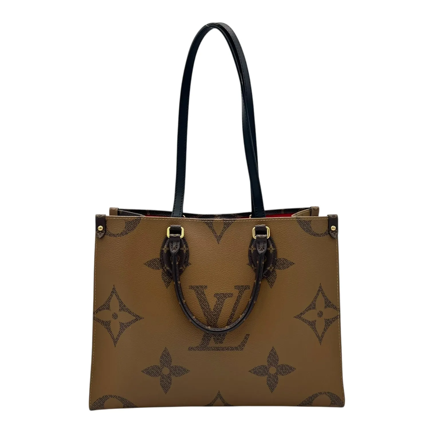 OnTheGo MM Brown Top Handle Bag in Coated Canvas, Gold hardware