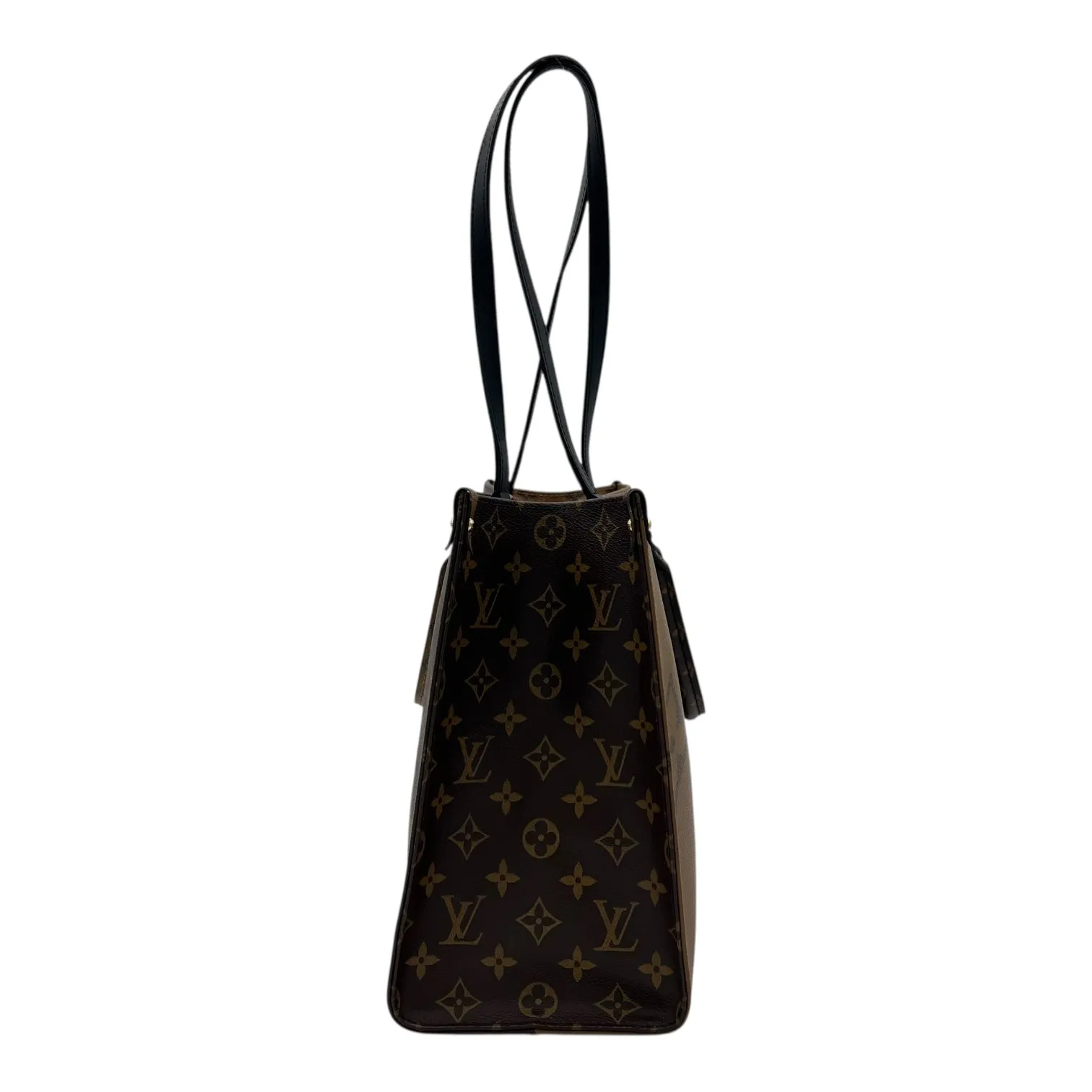 OnTheGo MM Brown Top Handle Bag in Coated Canvas, Gold hardware