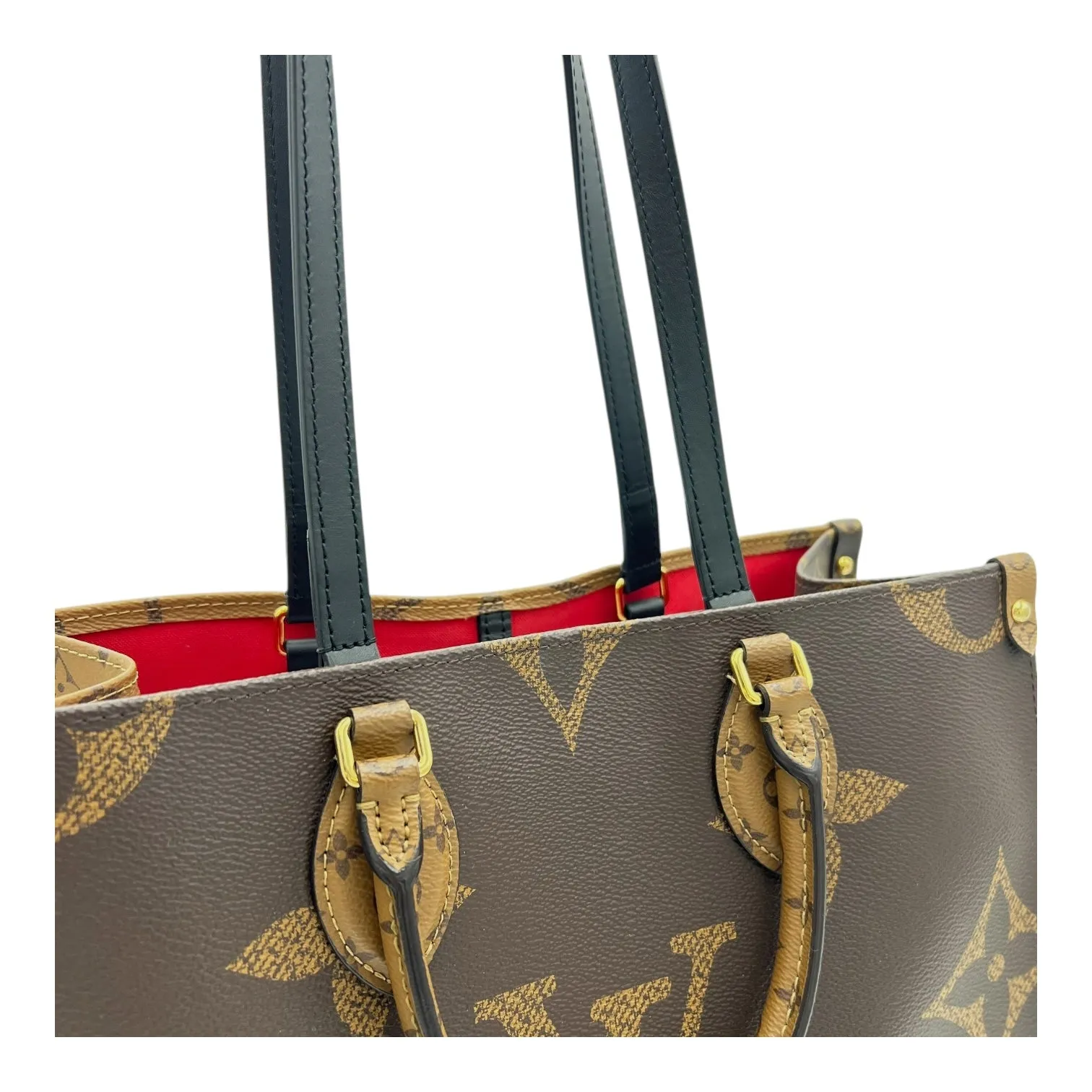 OnTheGo MM Brown Top Handle Bag in Coated Canvas, Gold hardware