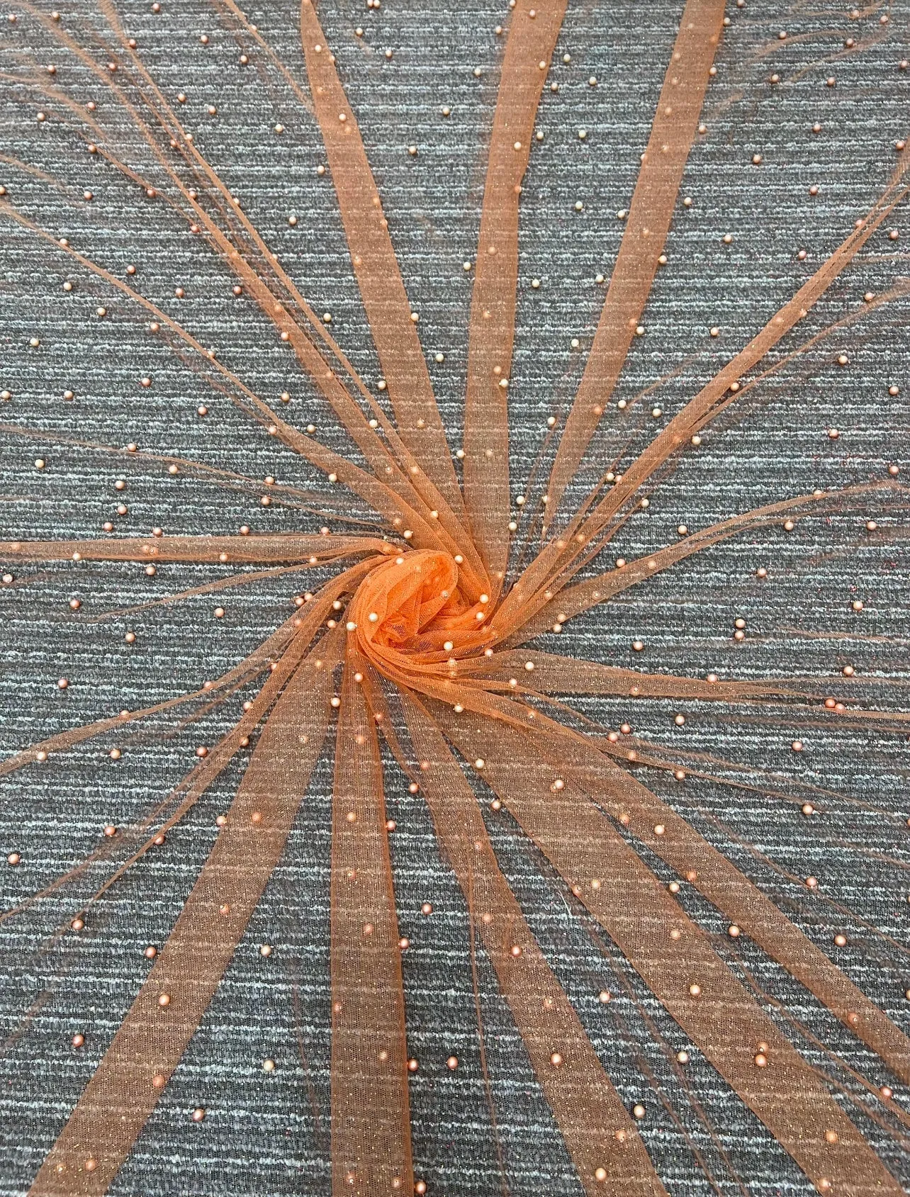 Orange Pearl Beaded Glittery Mesh/Tulle