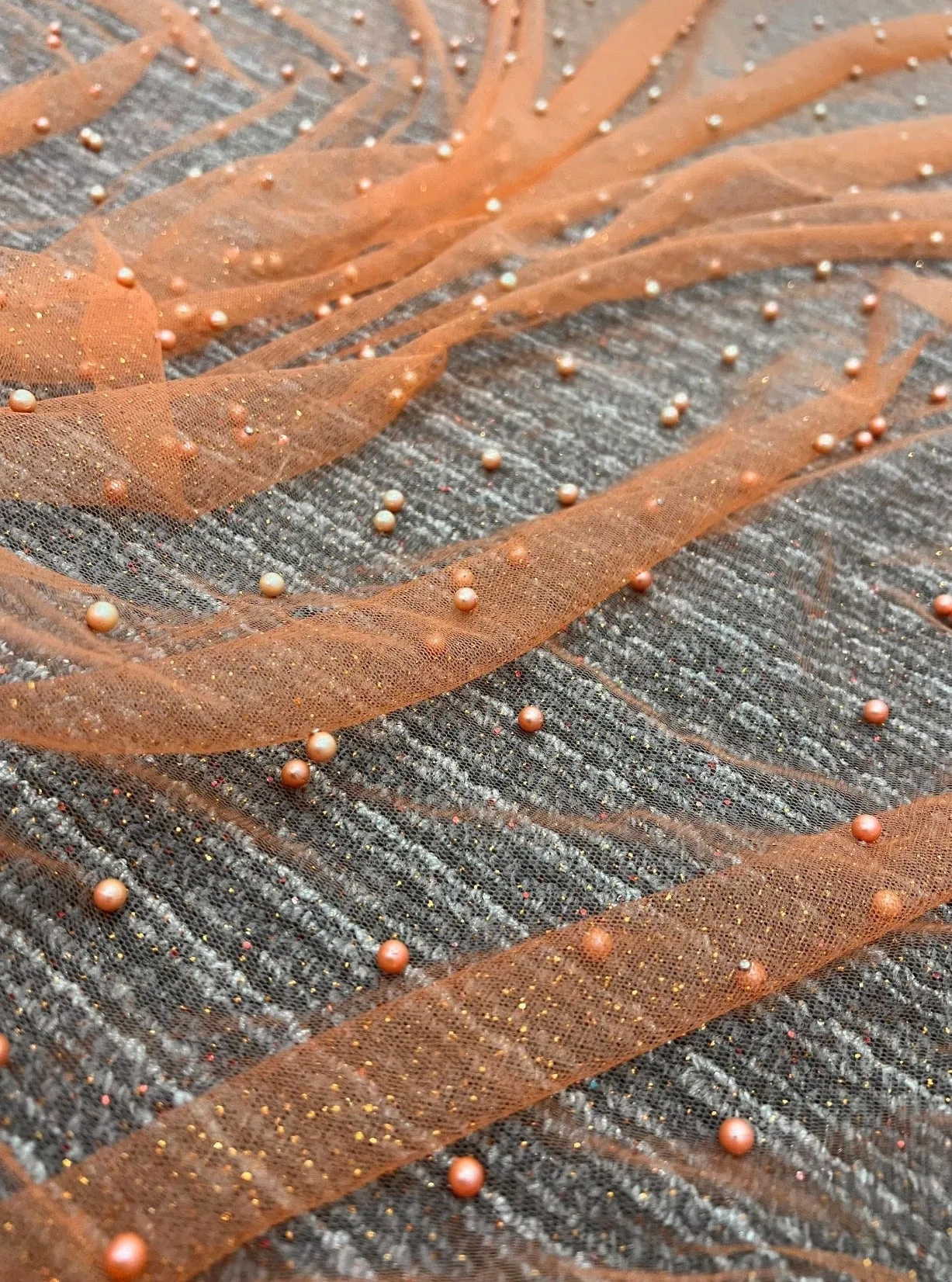 Orange Pearl Beaded Glittery Mesh/Tulle