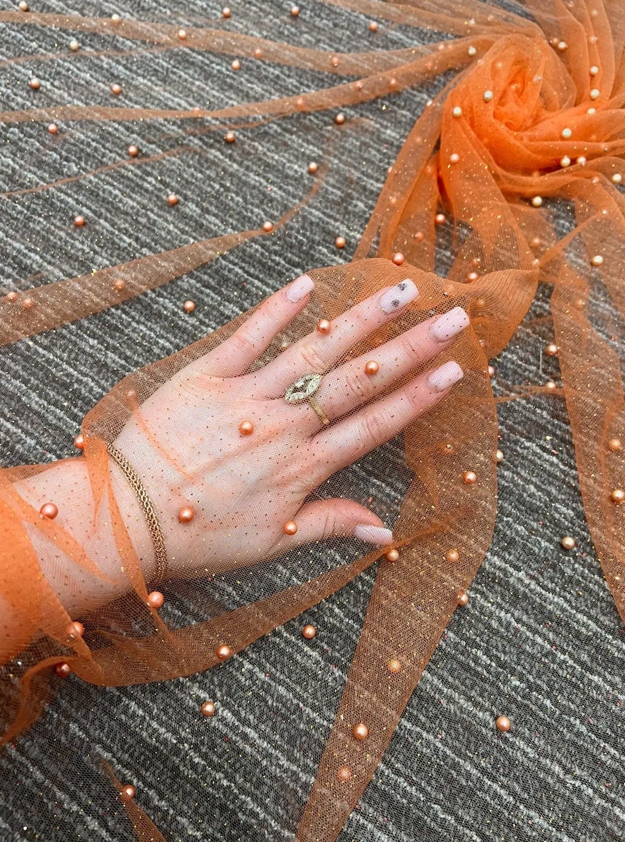 Orange Pearl Beaded Glittery Mesh/Tulle