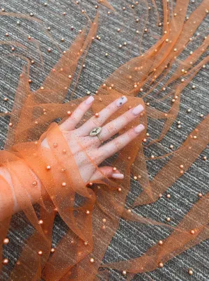 Orange Pearl Beaded Glittery Mesh/Tulle