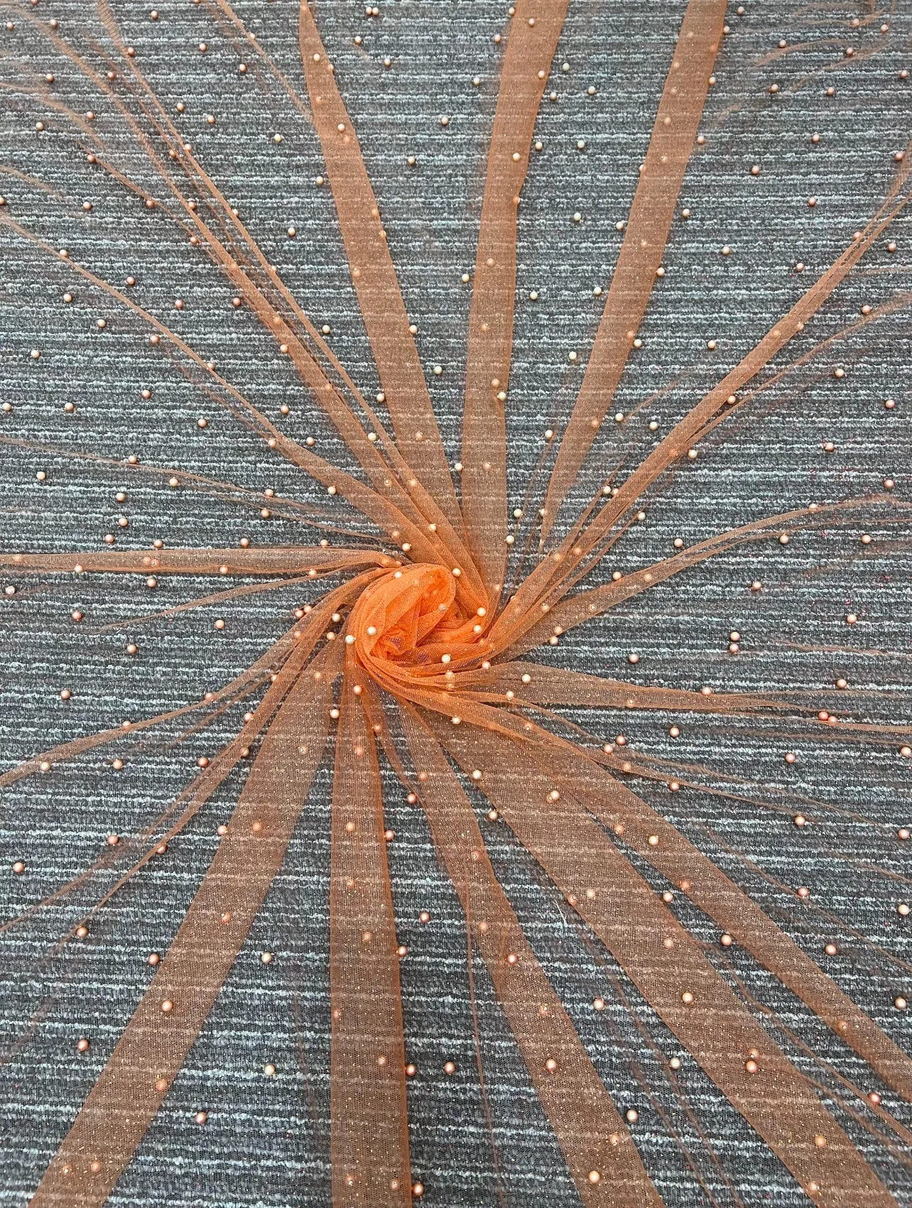 Orange Pearl Beaded Glittery Mesh/Tulle