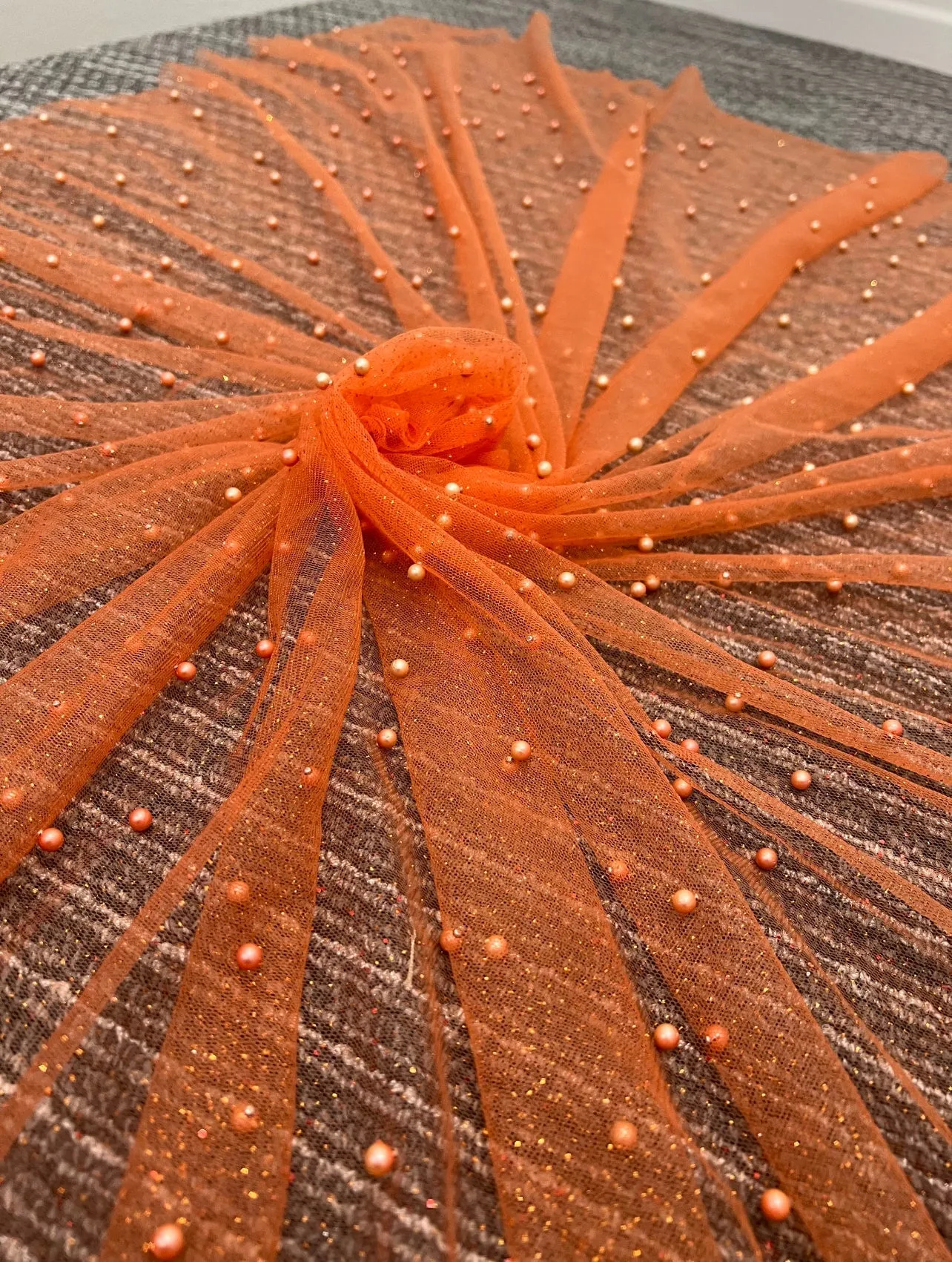 Orange Pearl Beaded Glittery Mesh/Tulle