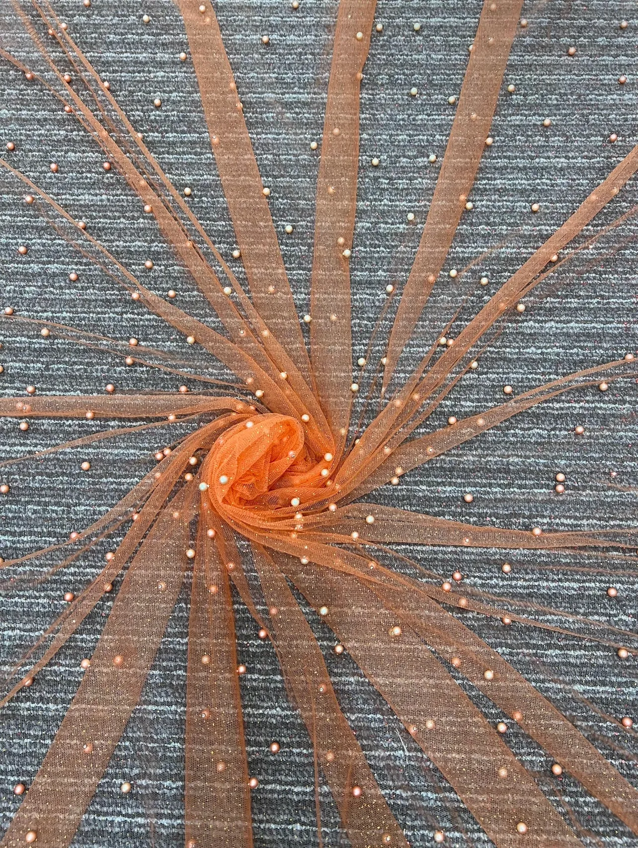 Orange Pearl Beaded Glittery Mesh/Tulle