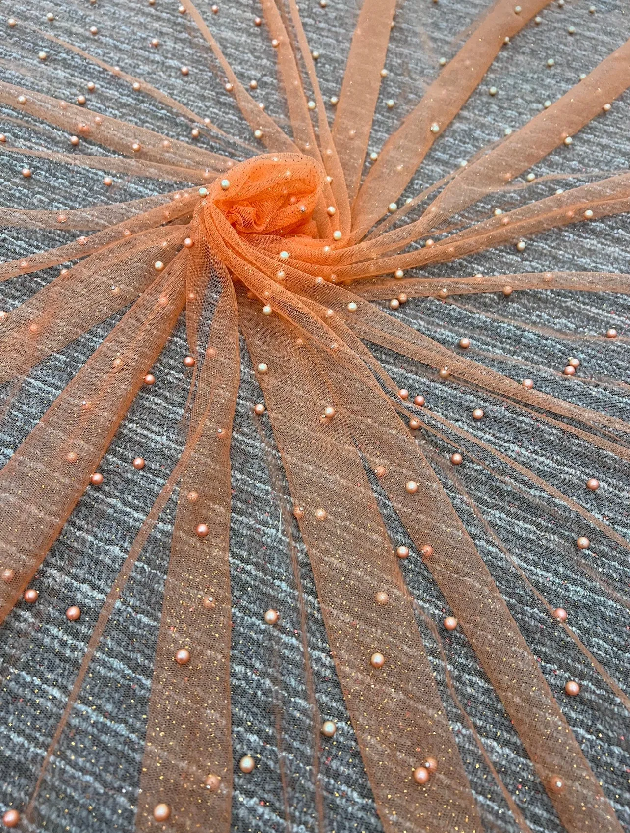 Orange Pearl Beaded Glittery Mesh/Tulle