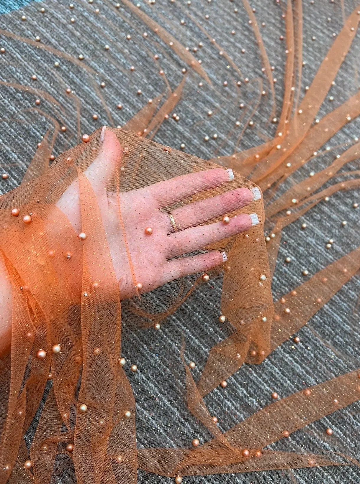 Orange Pearl Beaded Glittery Mesh/Tulle