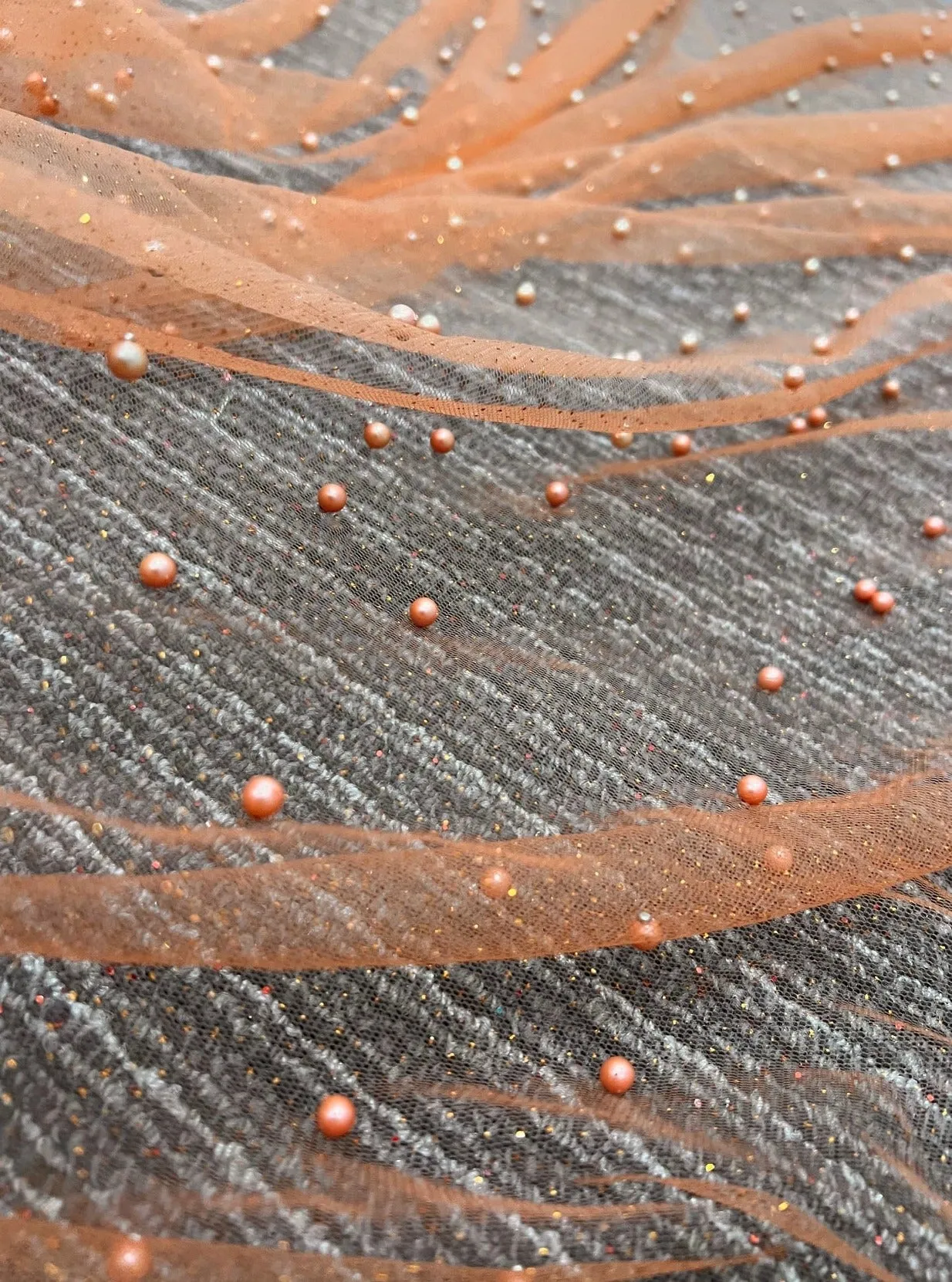 Orange Pearl Beaded Glittery Mesh/Tulle