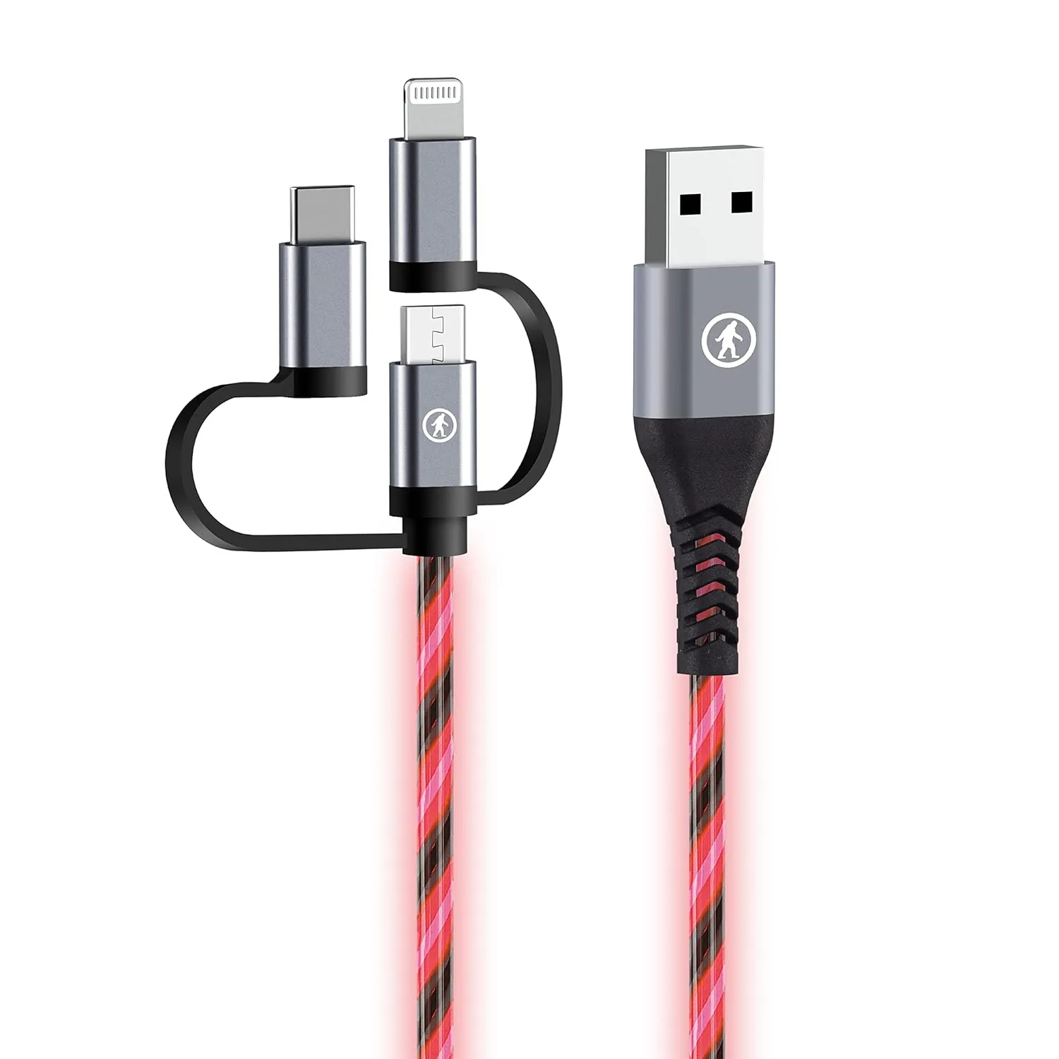 Outdoor Tech Calamari Glow 3-in-1 Charging Cable (Multiple Tips - UBC-C, Lightning, Micro USB, USB-A) Luminescent Cable, MFI, 2M/6 Foot