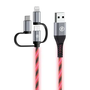 Outdoor Tech Calamari Glow 3-in-1 Charging Cable (Multiple Tips - UBC-C, Lightning, Micro USB, USB-A) Luminescent Cable, MFI, 2M/6 Foot